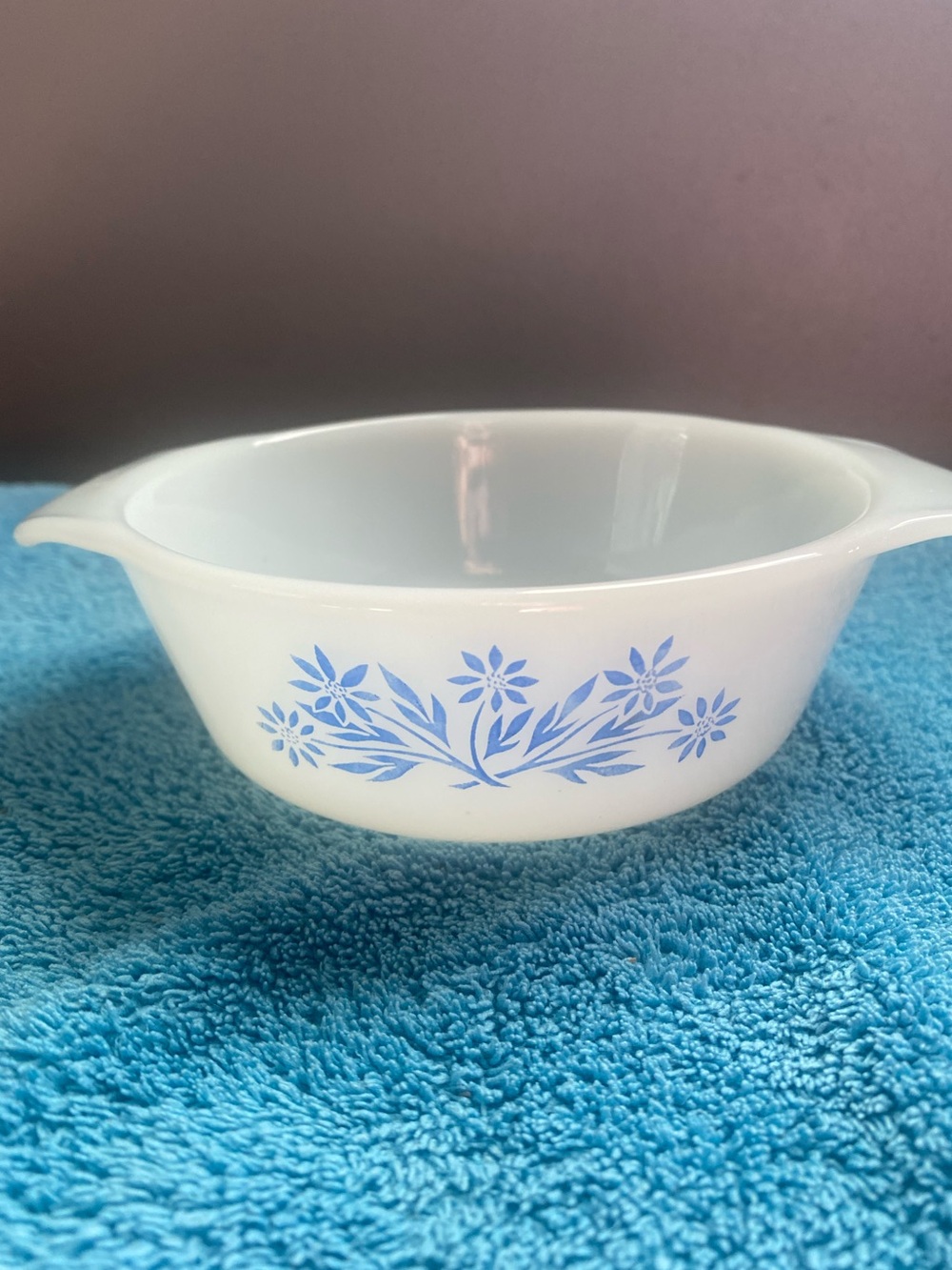 Anchor Hocking White Milk Glass Bowl with Blue Floral Pattern, #472, 12 oz